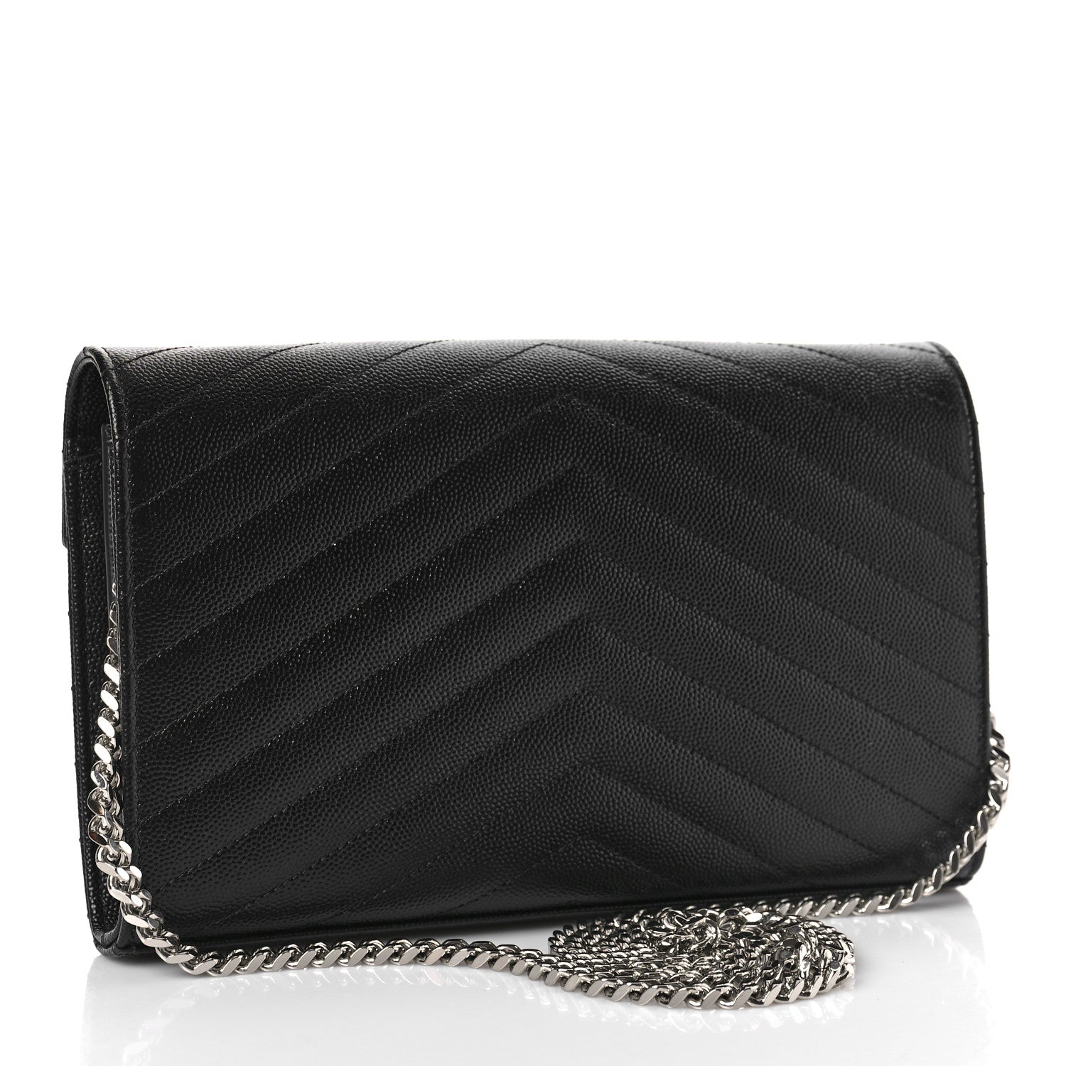 Saint Laurent Grain De Poudre Matelasse Chevron Monogram Chain Wallet Black 3 of 9