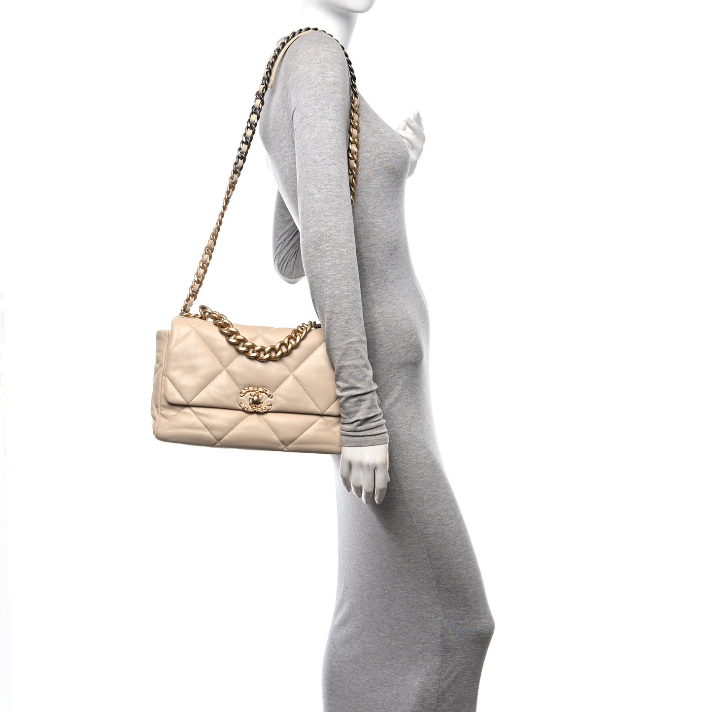 Lambskin Quilted Large Chanel 19 Flap Light Beige