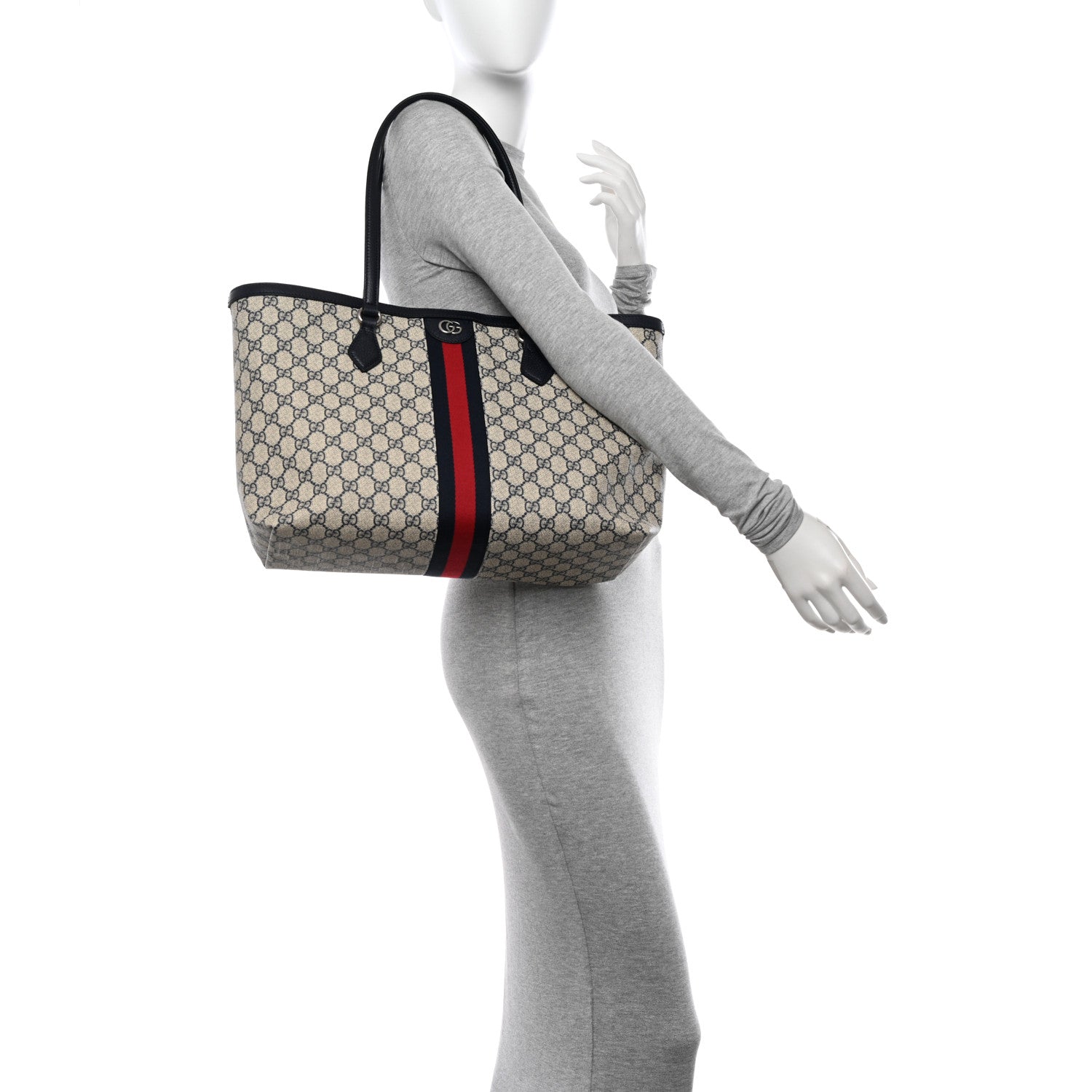 Gucci GG Supreme Monogram Textured Calfskin Web Medium Ophidia Shopping Tote Beige Blue 2 of 12