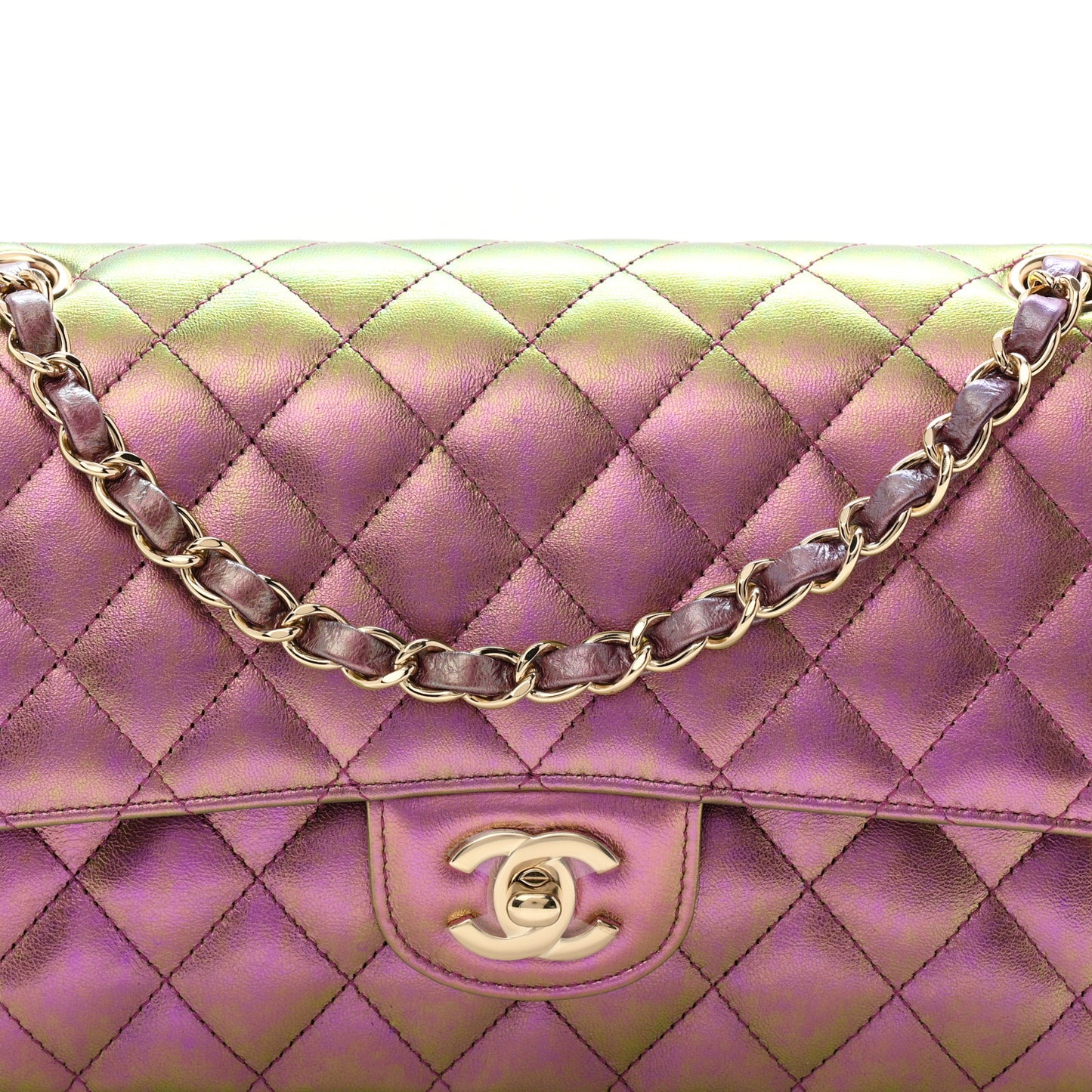 Iridescent Lambskin Quilted Medium Double Flap Purple