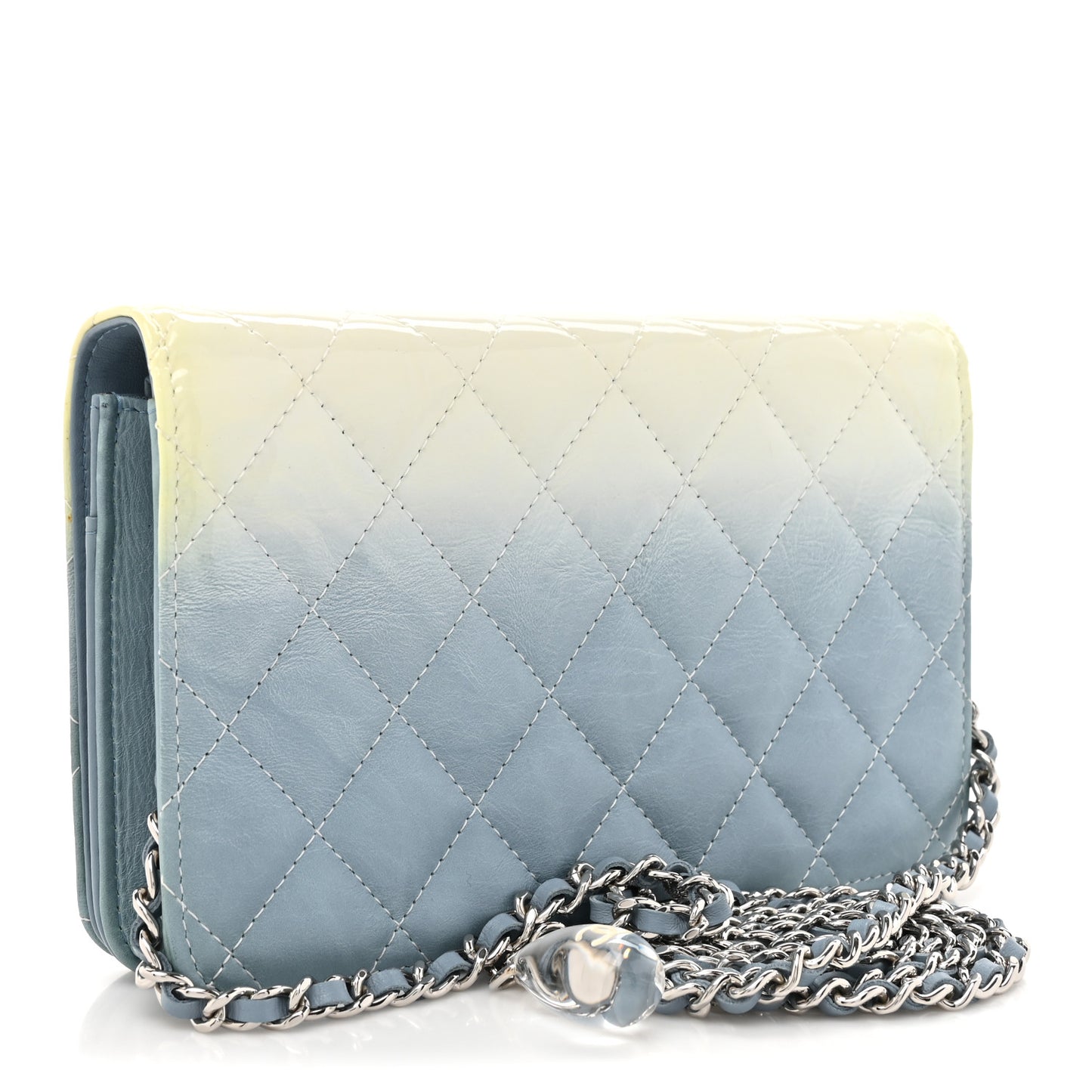Faded Patent Calfskin Quilted Wallet on Chain Blue