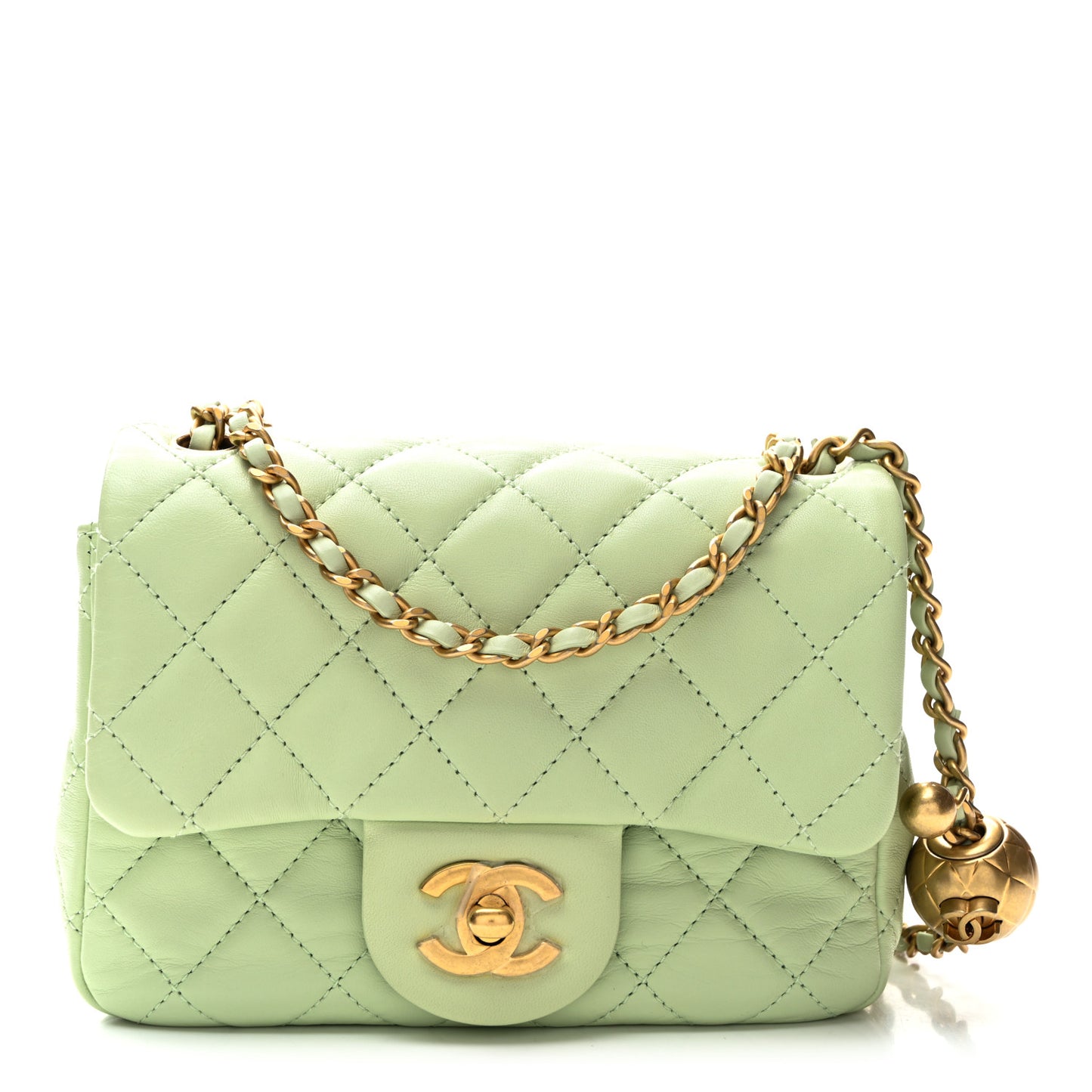 Lambskin Quilted Mini Pearl Crush Flap Light Green