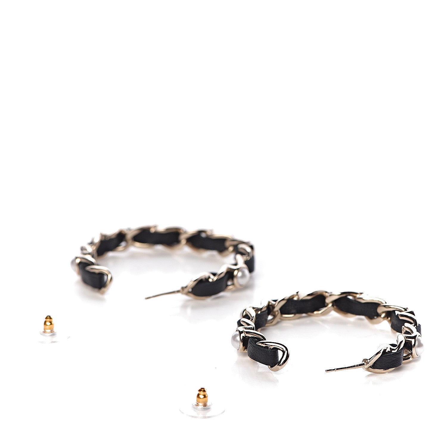 Chanel Lambskin Pearl CC Chain Hoop Earrings Gold Black 3 of 5