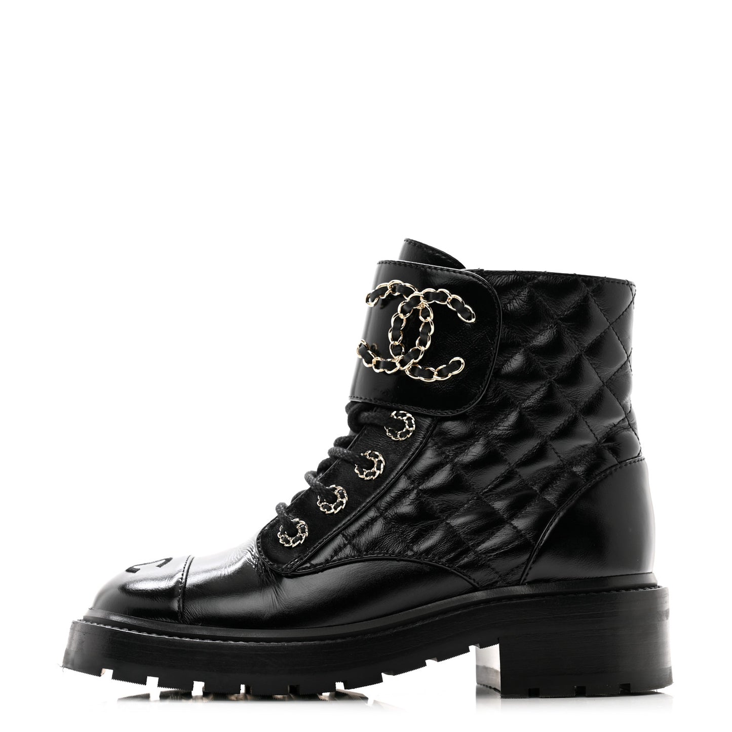 Shiny Calfskin Quilted Lace Up Combat Boots 36 Black