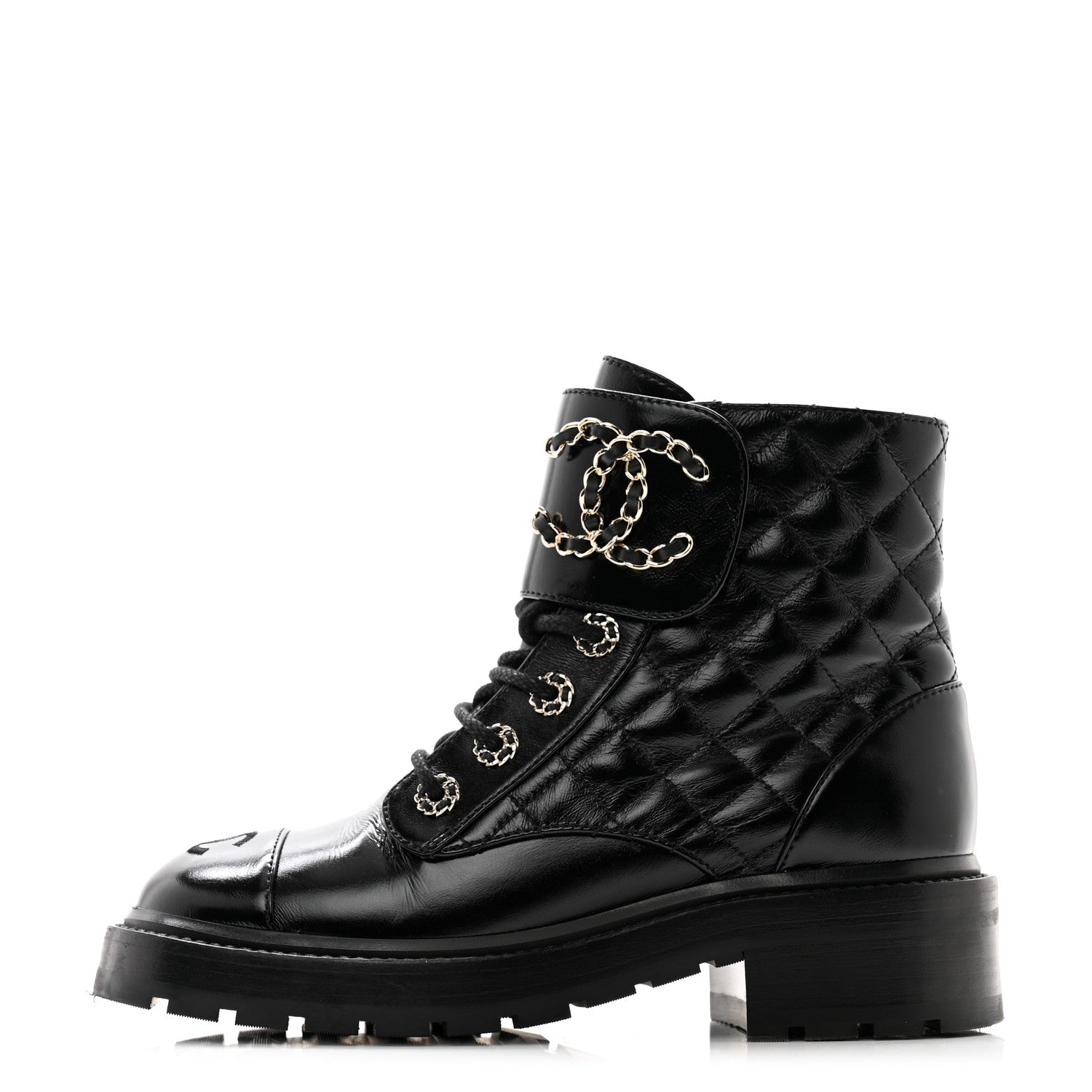 Chanel Shiny Calfskin Quilted Lace Up Combat Boots 36 Black 1 of 11