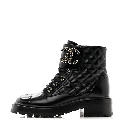 Chanel Shiny Calfskin Quilted Lace Up Combat Boots 36 Black 1 of 11