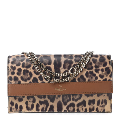 Valentino Garavani Calfskin Leopard Print City Safari Wallet On Chain Brown 1 of 9