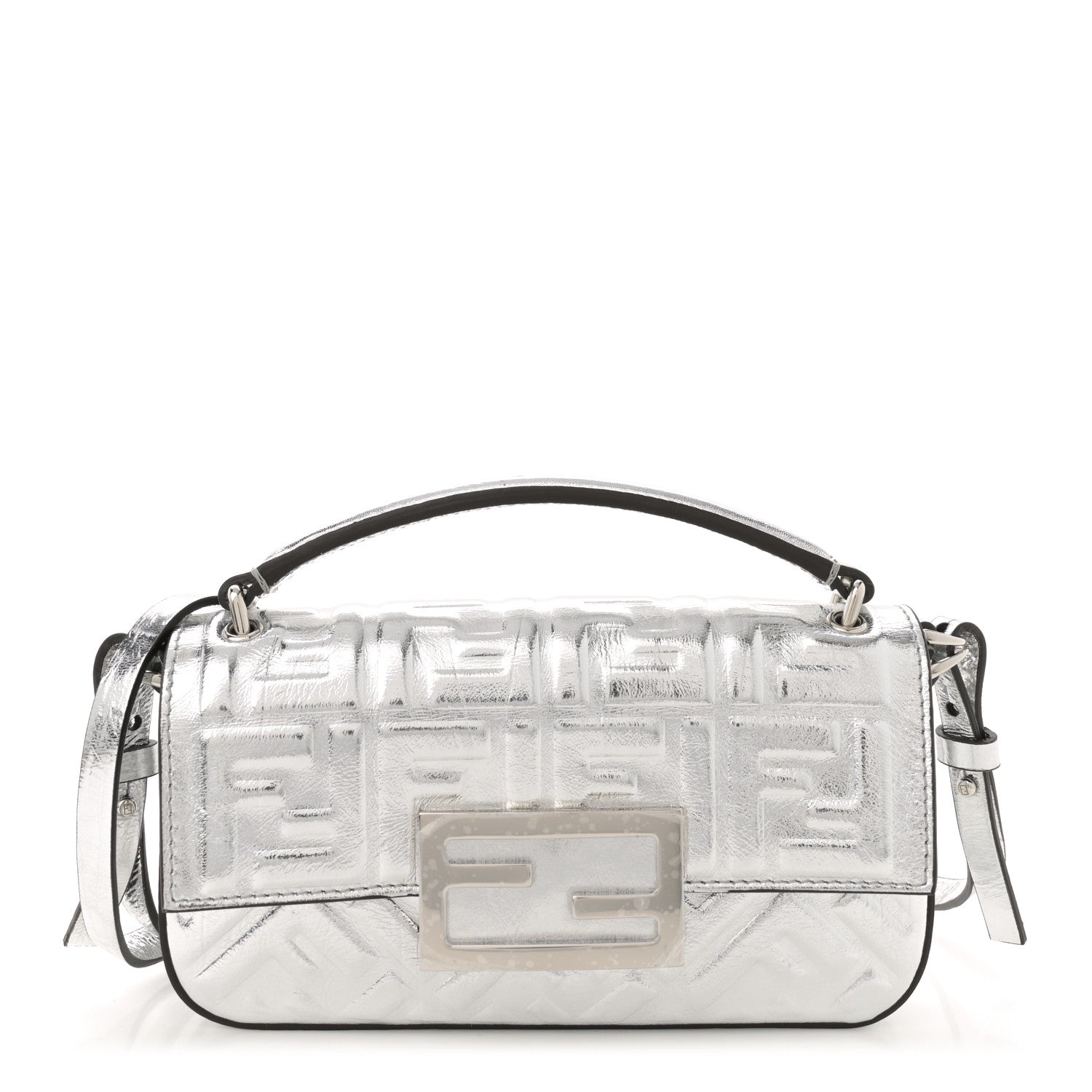 Fendi Vitello Catalan Mirror FF 1974 Embossed Phone Baguette Argento 1 of 12