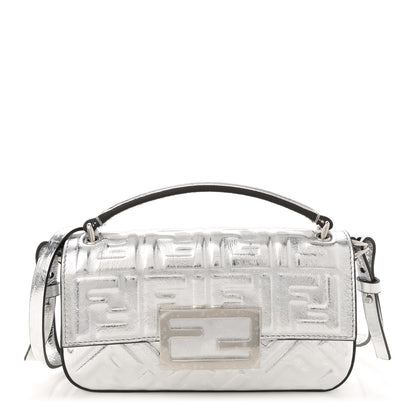 Fendi Vitello Catalan Mirror FF 1974 Embossed Phone Baguette Argento 1 of 12