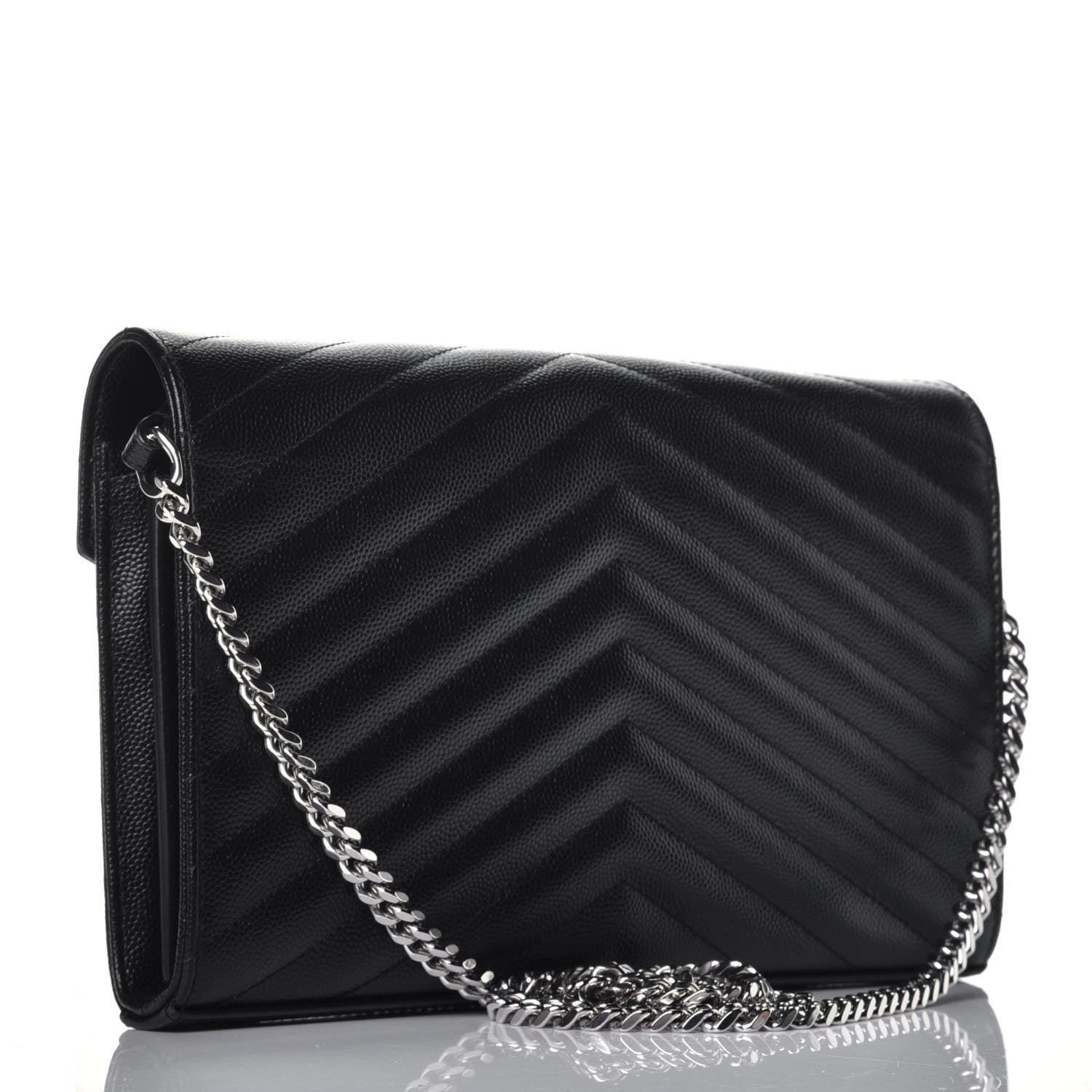 Saint Laurent Grain De Poudre Matelasse Chevron Monogram Chain Wallet Black 3 of 8