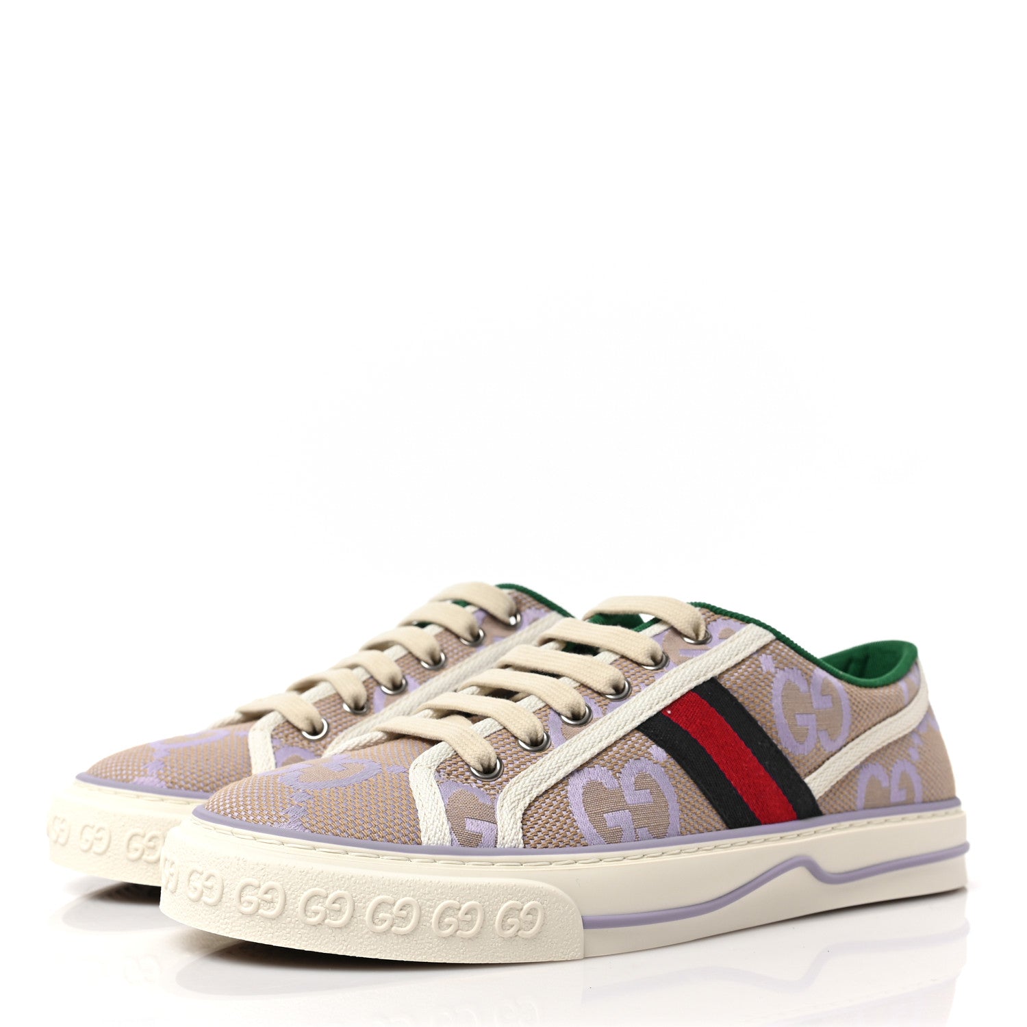Gucci Monogram Jumbo GG Web Womens 1977 Tennis Sneakers 39 Beige Lapis Mystic White 3 of 8