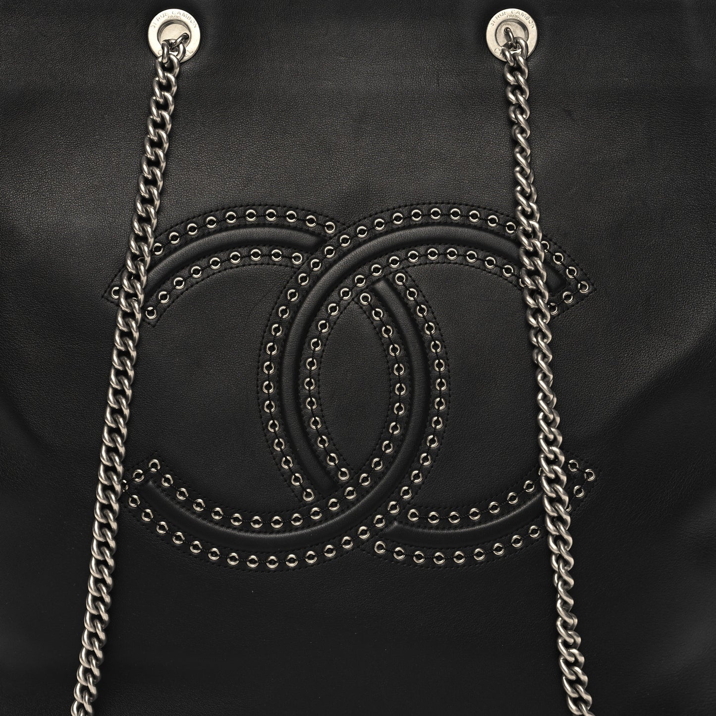 Grained Calfskin Large Coco Eyelets Shopping Tote Black