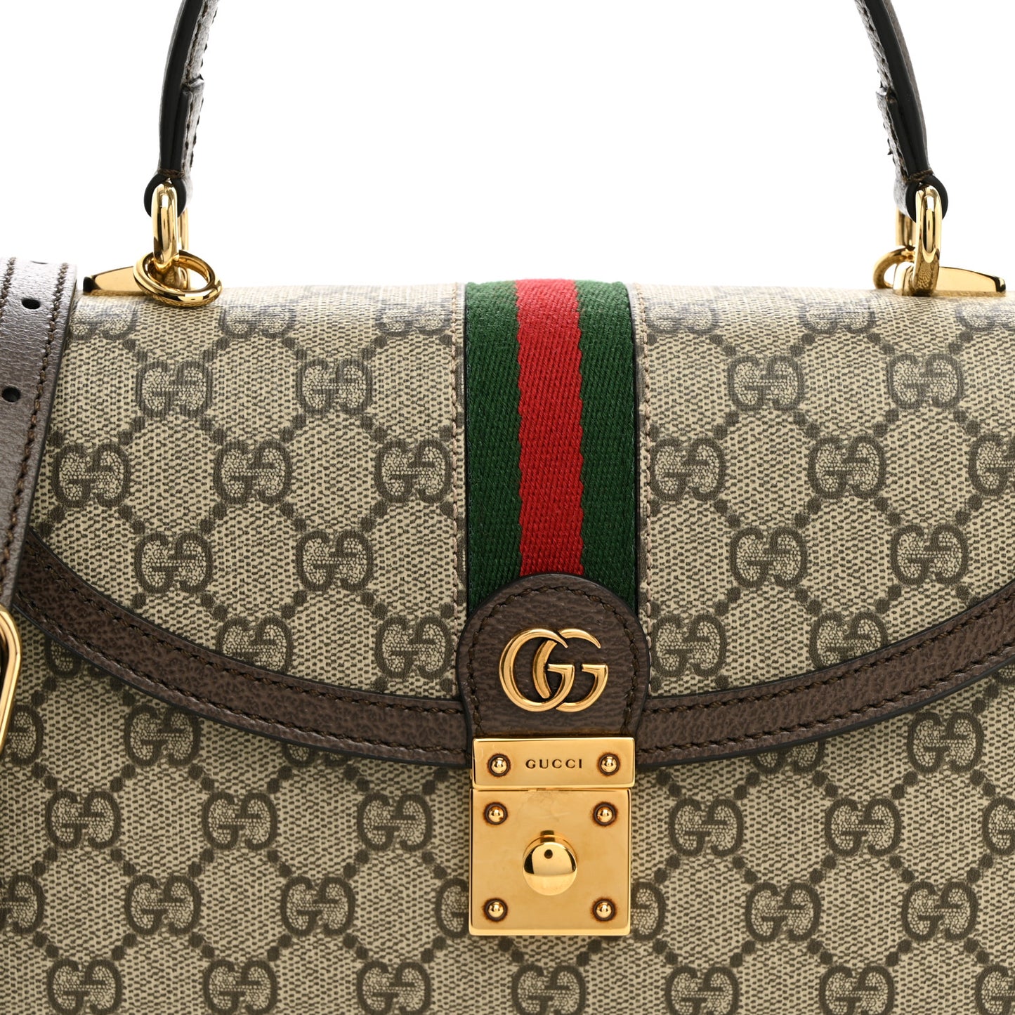 GG Supreme Monogram Textured Dollar Calfskin Web Small Ophidia Padlock Top Handle Bag Beige Ebony New Acero