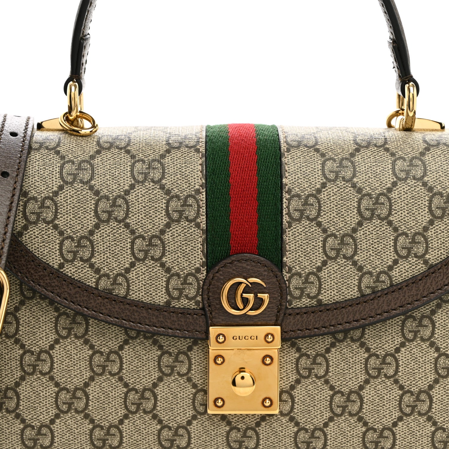 Gucci GG Supreme Monogram Textured Dollar Calfskin Web Small Ophidia Padlock Top Handle Bag Beige Ebony New Acero 7 of 9
