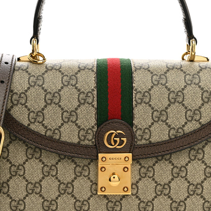 Gucci GG Supreme Monogram Textured Dollar Calfskin Web Small Ophidia Padlock Top Handle Bag Beige Ebony New Acero 7 of 9
