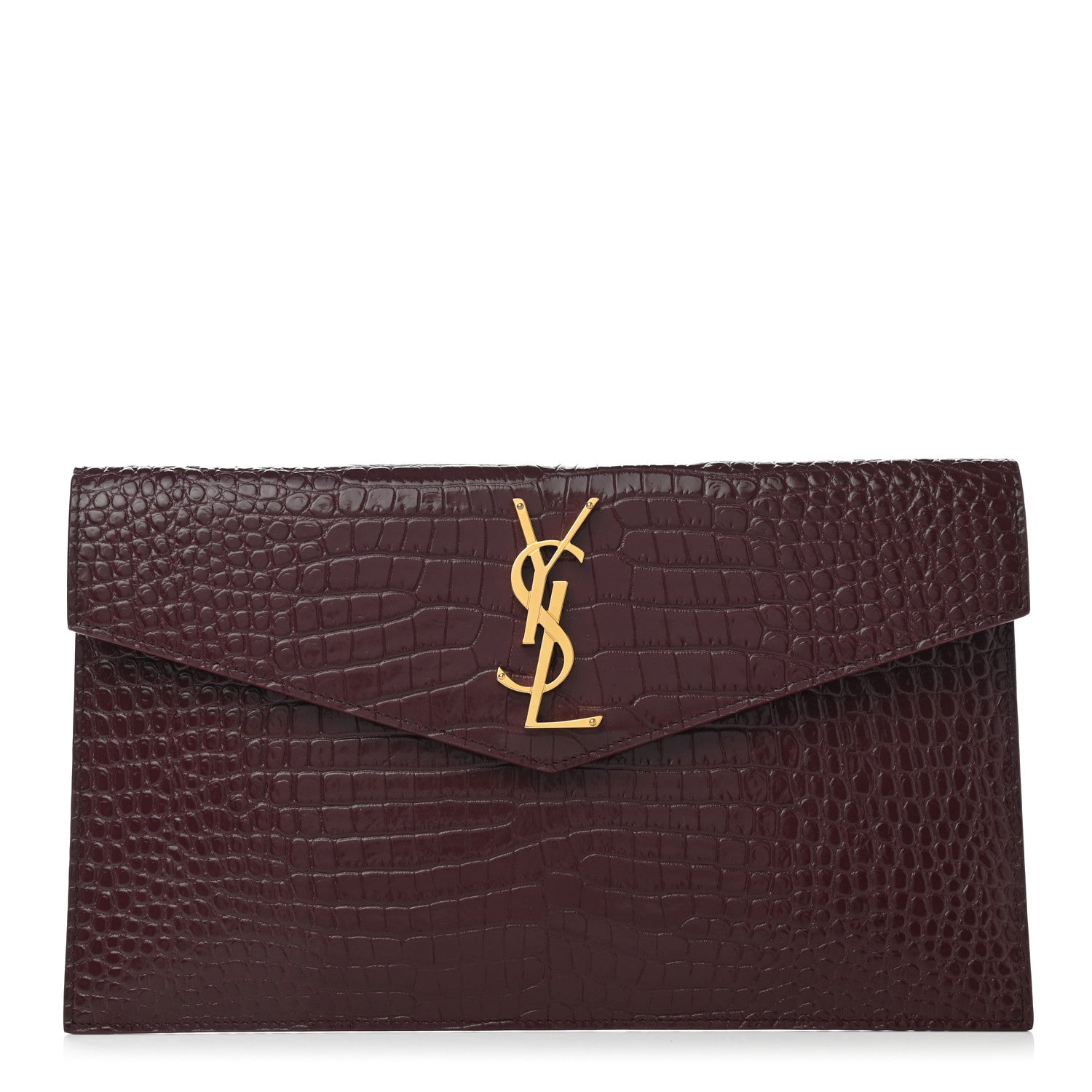 Saint Laurent Calfskin Crocodile Embossed Uptown Monogram Clutch Rouge Legion 1 of 8