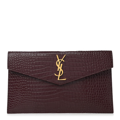 Saint Laurent Calfskin Crocodile Embossed Uptown Monogram Clutch Rouge Legion 1 of 8