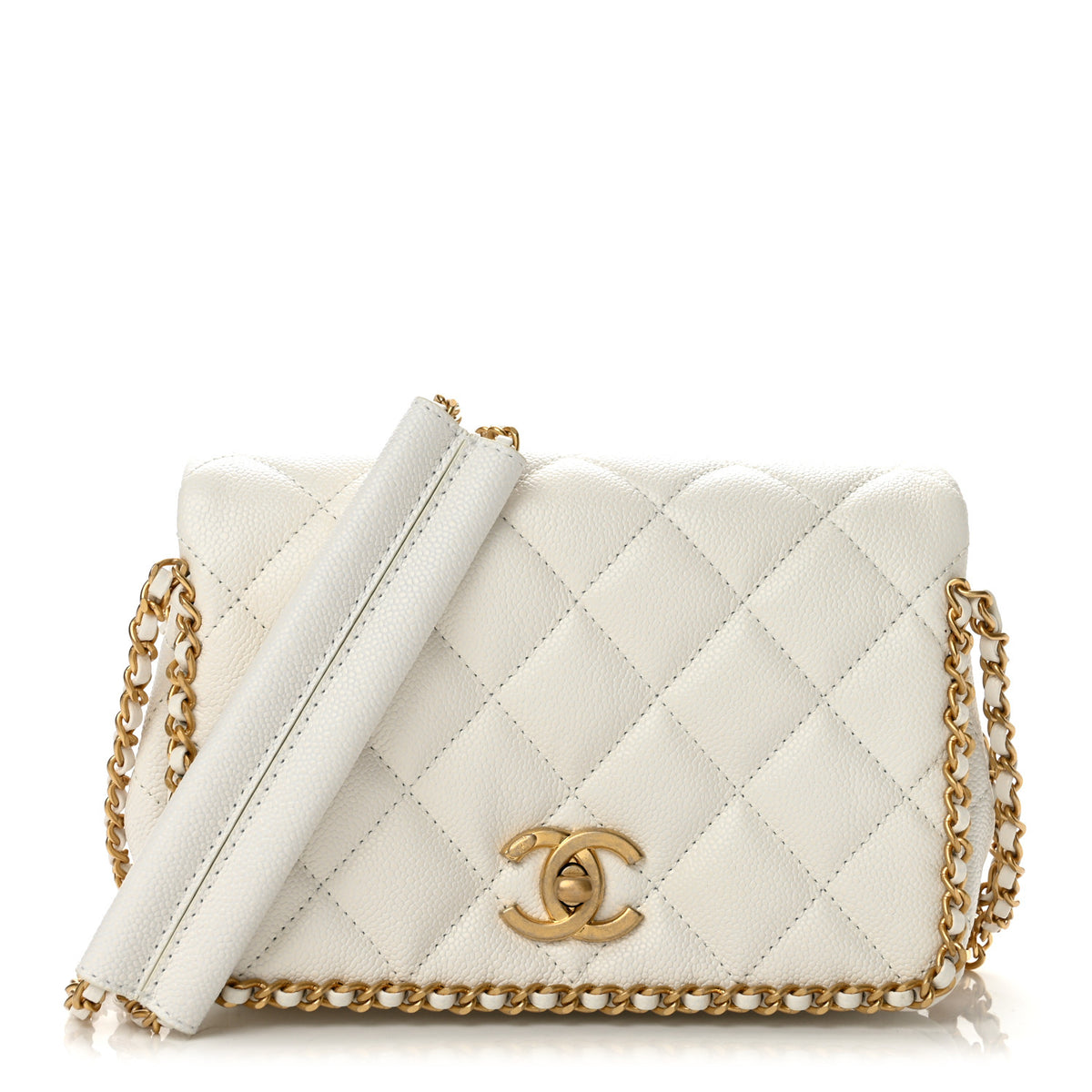 Caviar Quilted Chain Around Flap White
