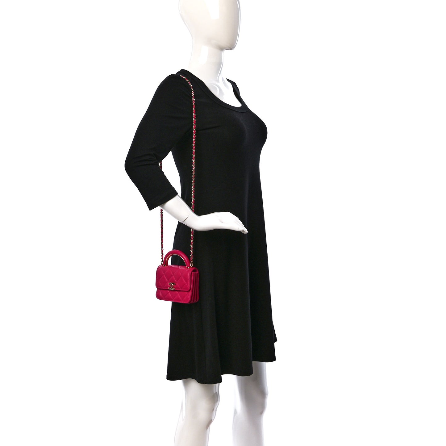 Lambskin Quilted Top Handle Flap Clutch With Chain Fuchsia