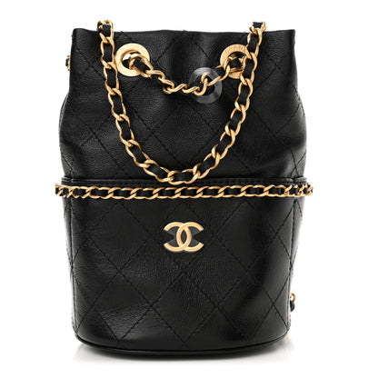 Chanel Shiny Lambskin Quilted Chain Around Drawstring Bucket Clutch With Chain Black 1 of 12