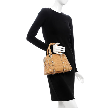 Versace Croc Calfskin Embossed Small Studded Satchel Beige 2 of 9