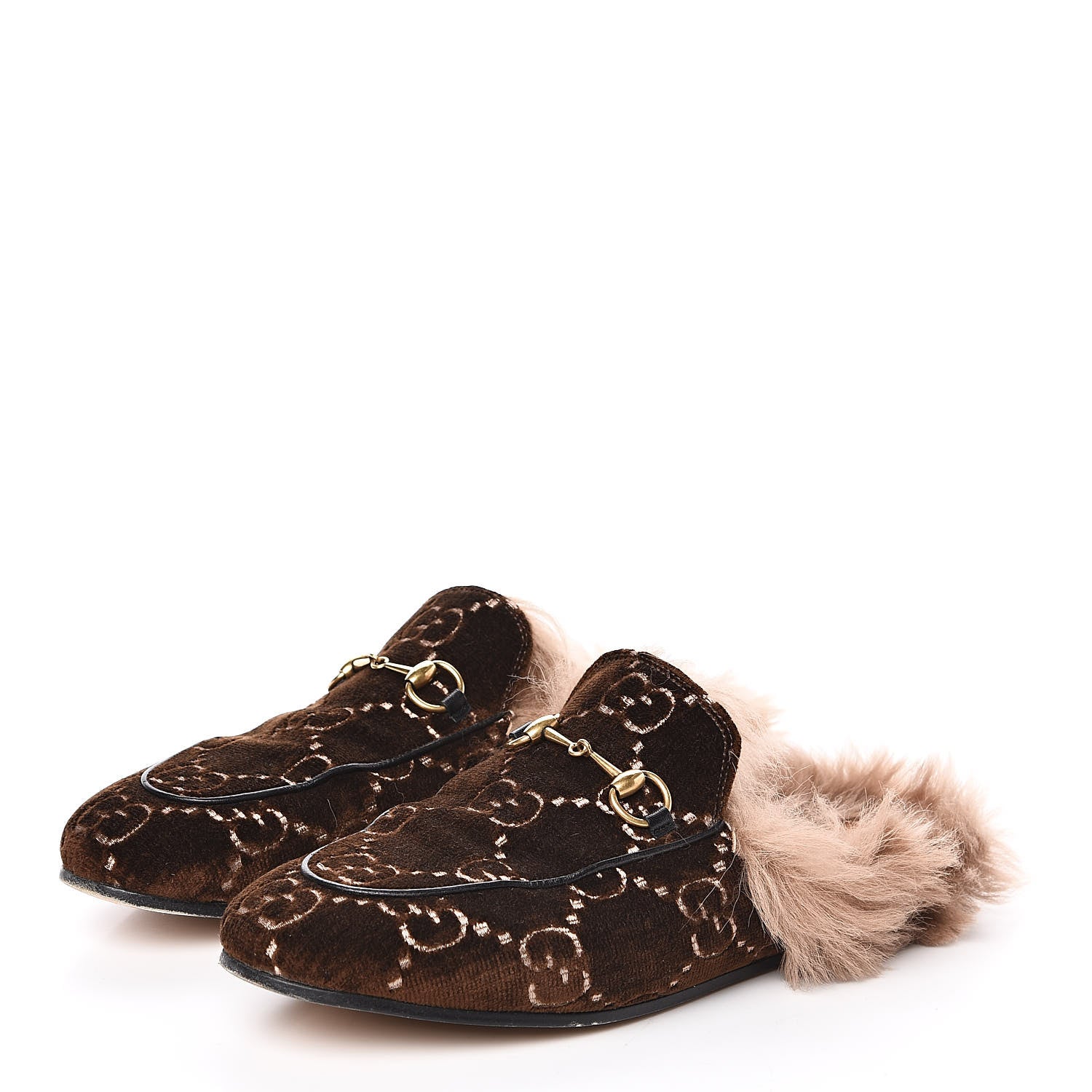Gucci Velvet GG Monogram Fur Womens Princetown Slippers 38.5 Brown Black Natural 3 of 9
