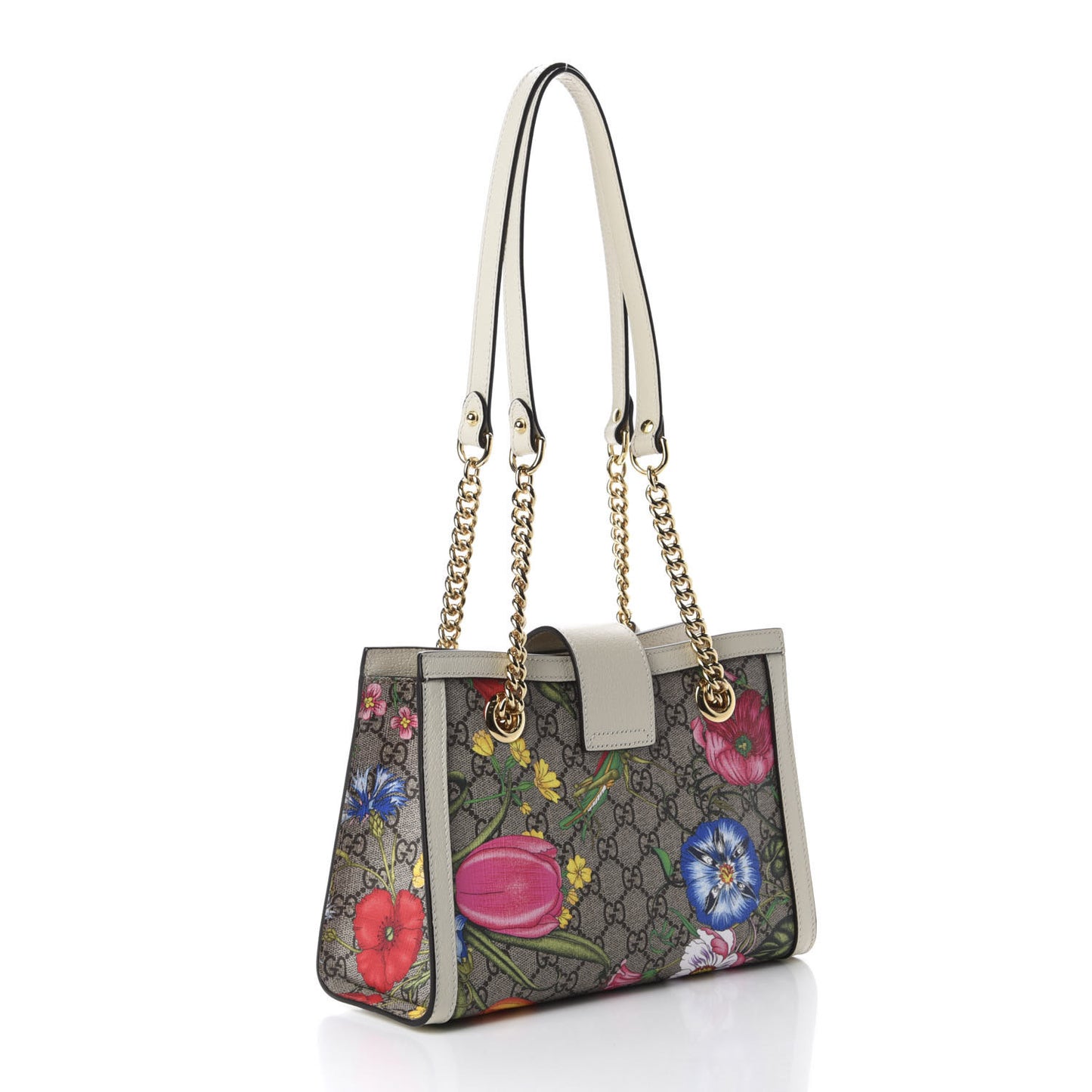 GG Supreme Monogram Flora Textured Calfskin Small Padlock Tote Beige Ebony Multicolor Mystic White