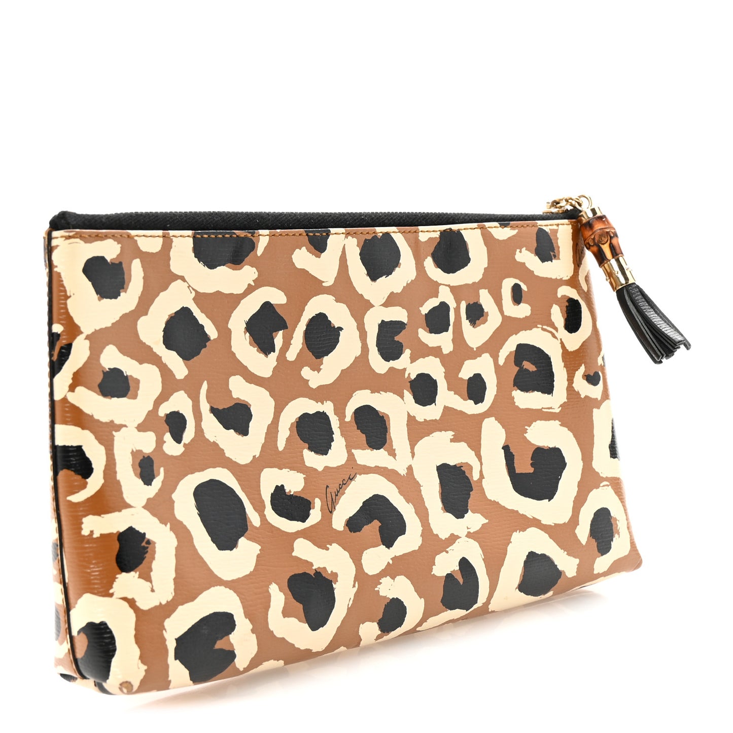 Calfskin Leopard Printed Large Pouch Tobacco