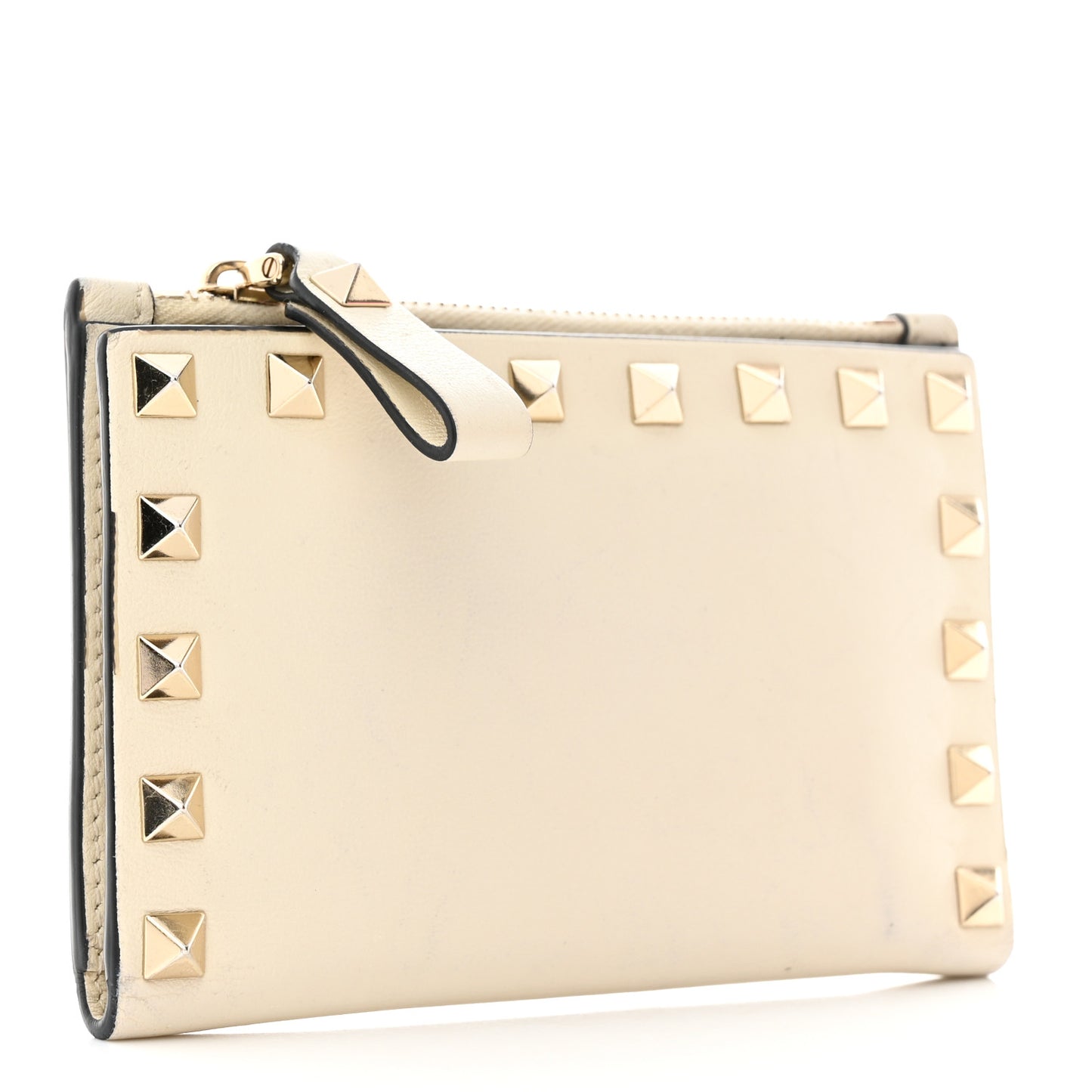 Calfskin Rockstud Card Holder with Zipper Ivory