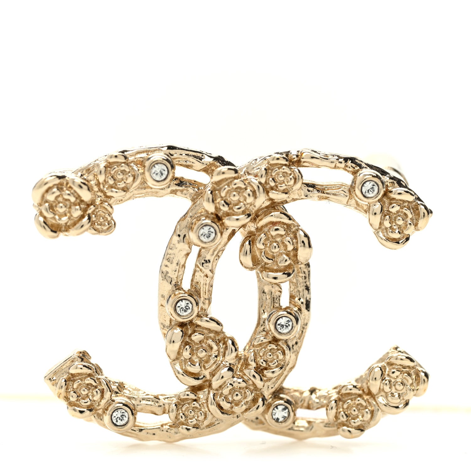 Chanel Metal Crystal Camellia CC Brooch Light Gold 1 of 5