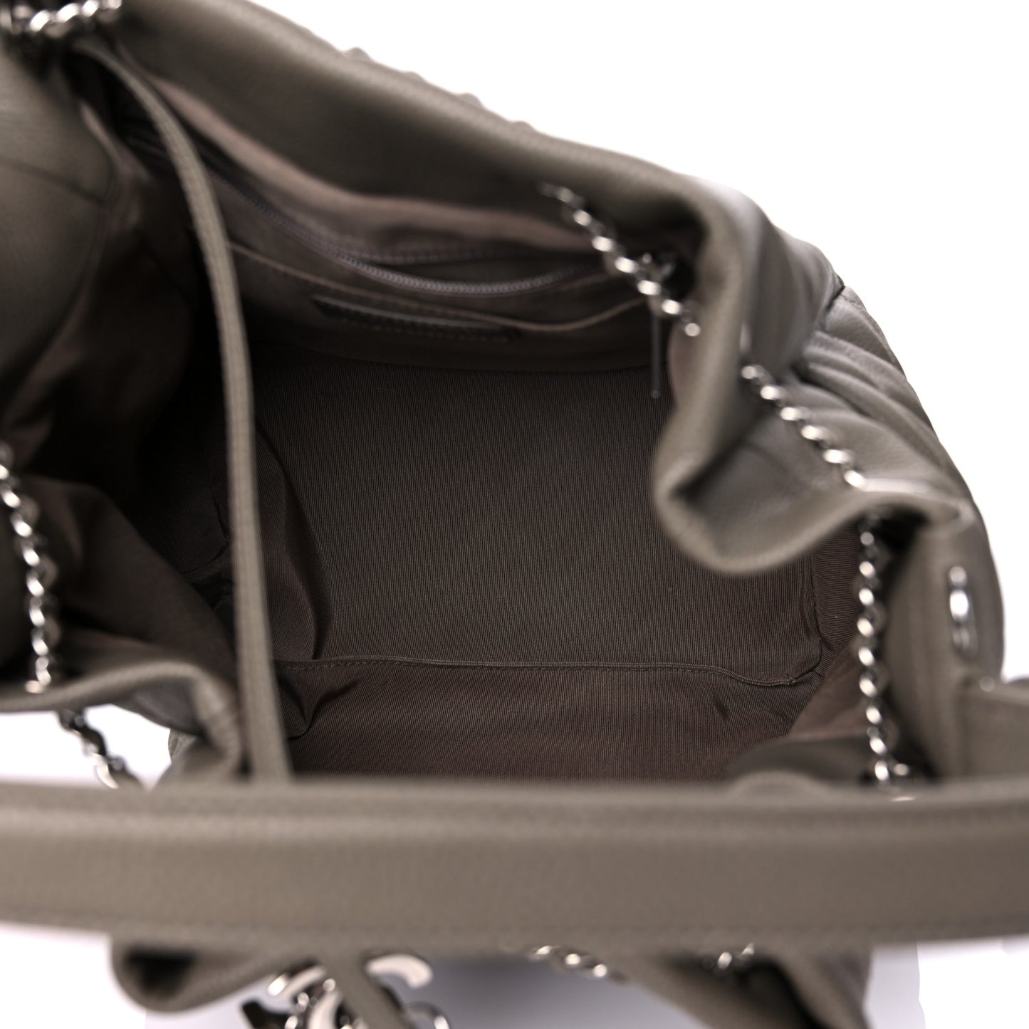 Caviar Flat Quilted CC Chain Bucket Drawstring Bag Khaki