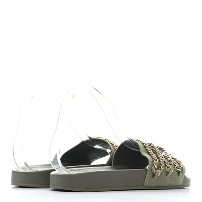Chanel Canvas Chain Flat Sandals 39 Khaki 2 of 9