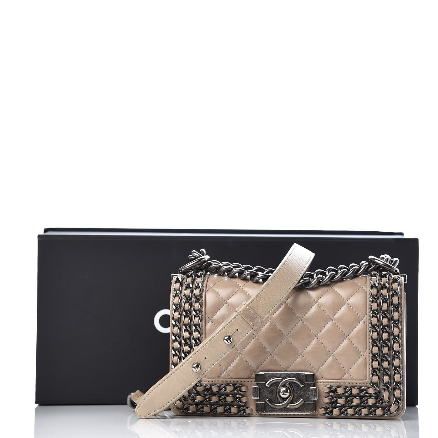 Glazed Calfskin Quilted Small Boy Chained Flap Beige