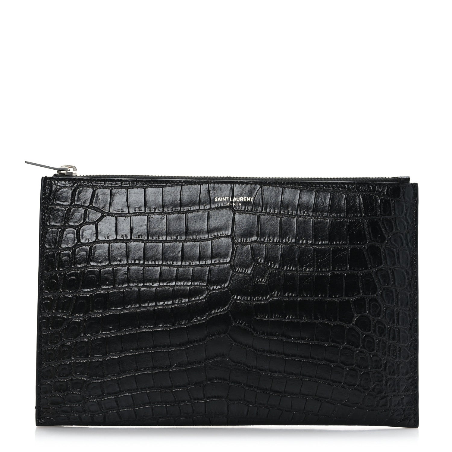 Saint Laurent Calfskin Crocodile Embossed Zip Mini Tablet Sleeve Black 1 of 7