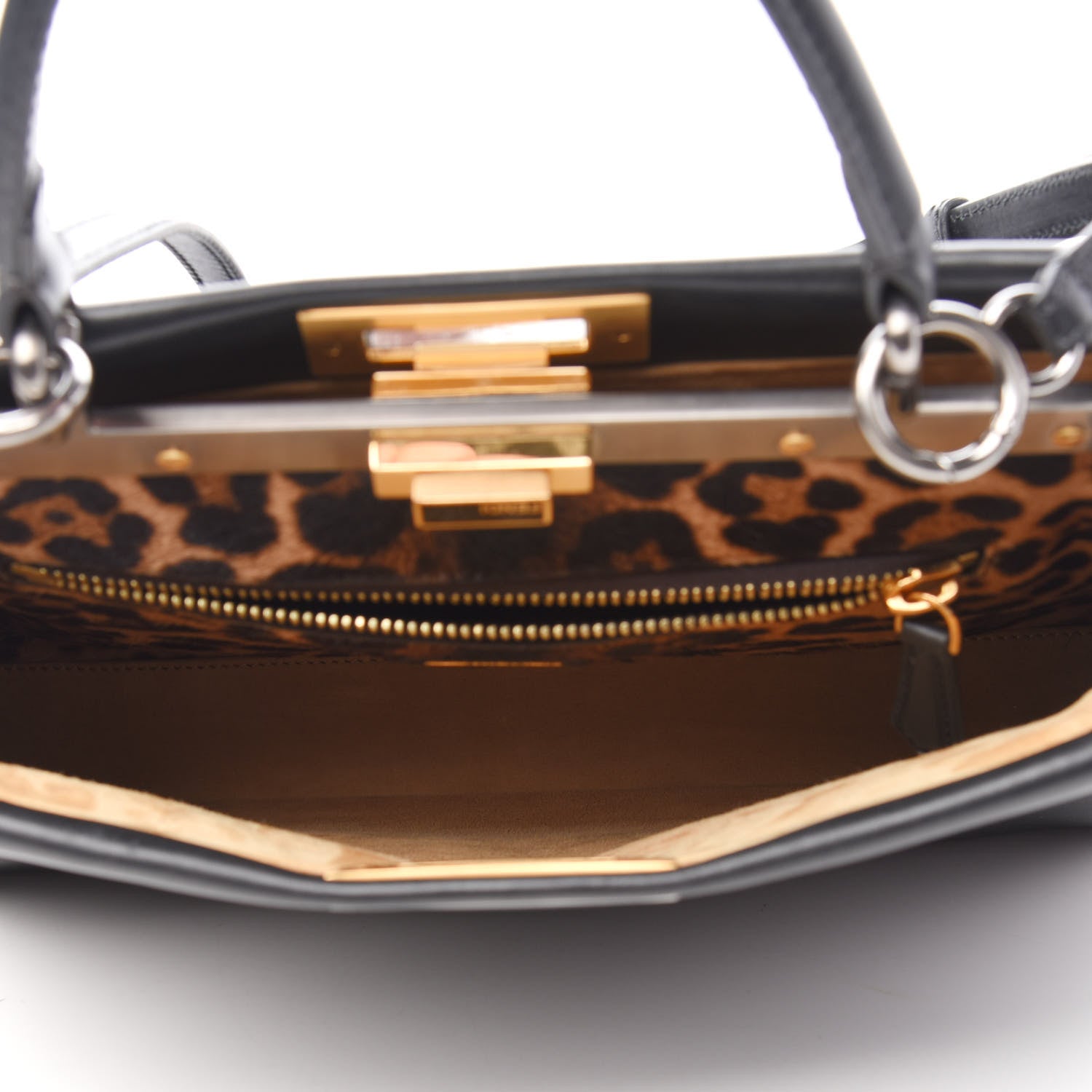 Fendi Calfskin Calf Hair Leopard Print Medium Peekaboo Iconic Satchel Black 5 of 11