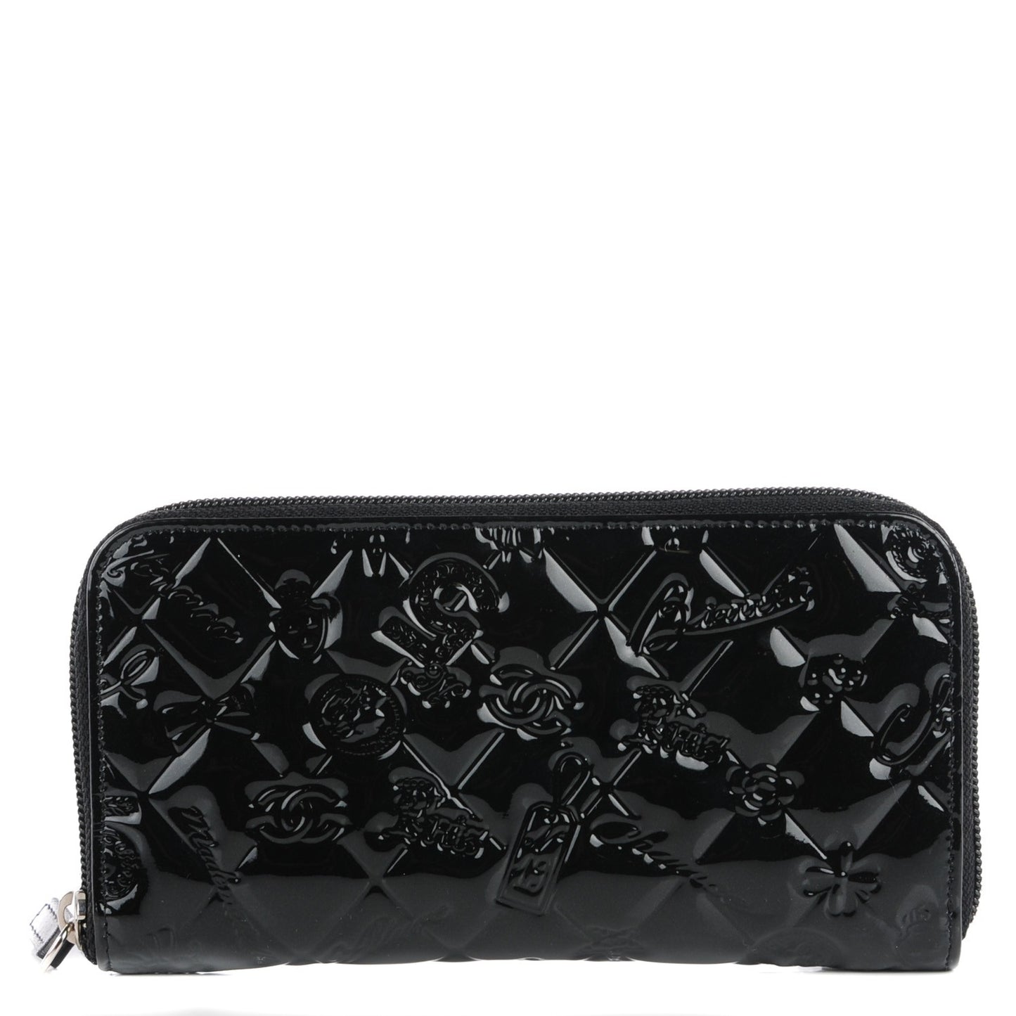 Patent Calfskin Lucky Symbols Zip Around Wallet Black