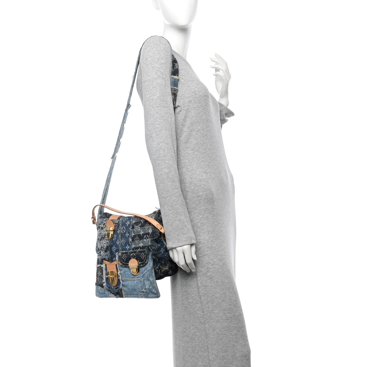 Denim Patchwork Posty Messenger Bag Blue