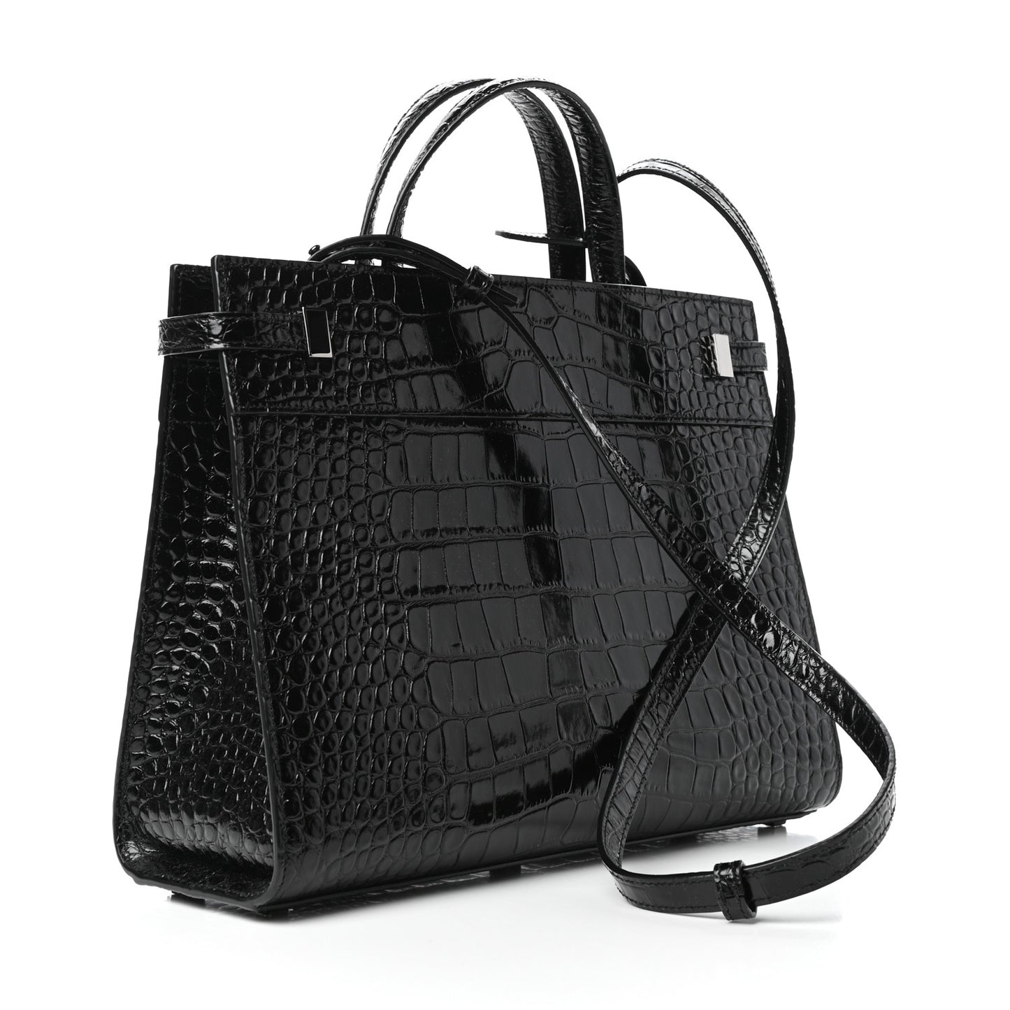 Shiny Calfskin Crocodile Embossed Small Manhattan Shopper Tote Black