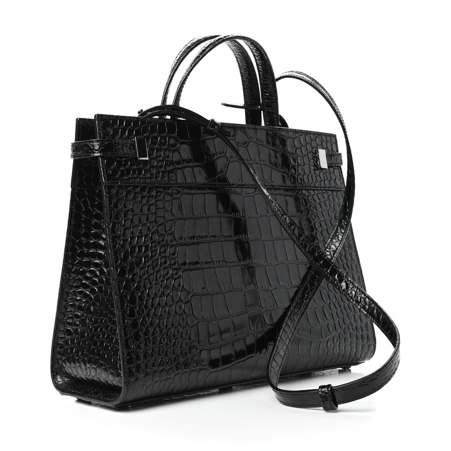 Saint Laurent Shiny Calfskin Crocodile Embossed Small Manhattan Shopper Tote Black 3 of 9