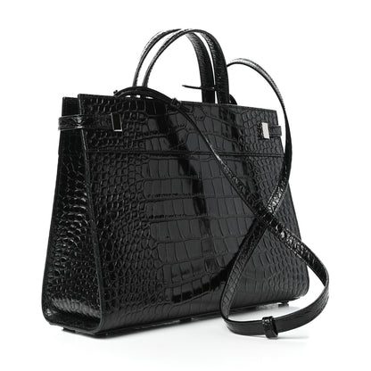 Saint Laurent Shiny Calfskin Crocodile Embossed Small Manhattan Shopper Tote Black 3 of 9