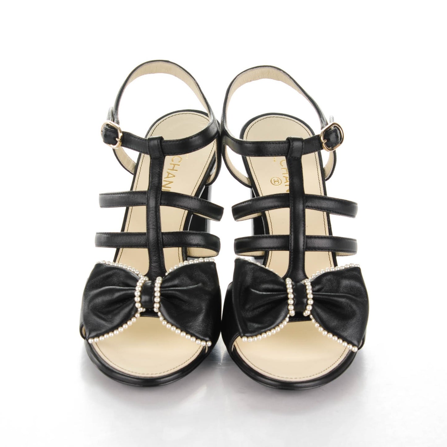 Lambskin Pearl Bow Sandals 36 Black
