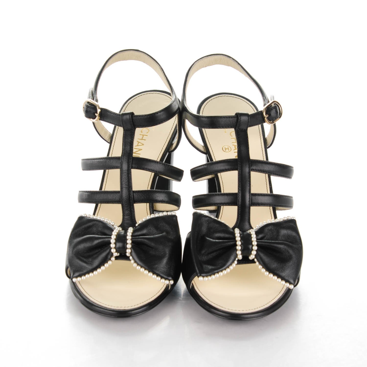Chanel Lambskin Pearl Bow Sandals 36 Black 2 of 7