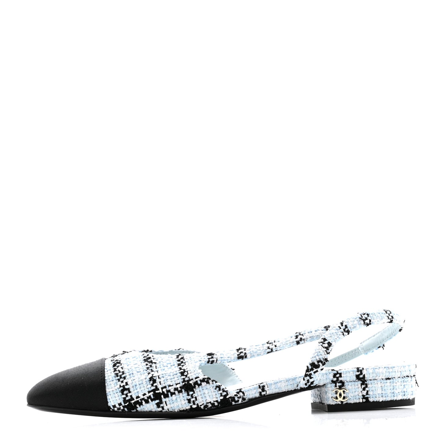 Tweed Grosgrain Cap Toe Slingback Flats 37 Blue White Black