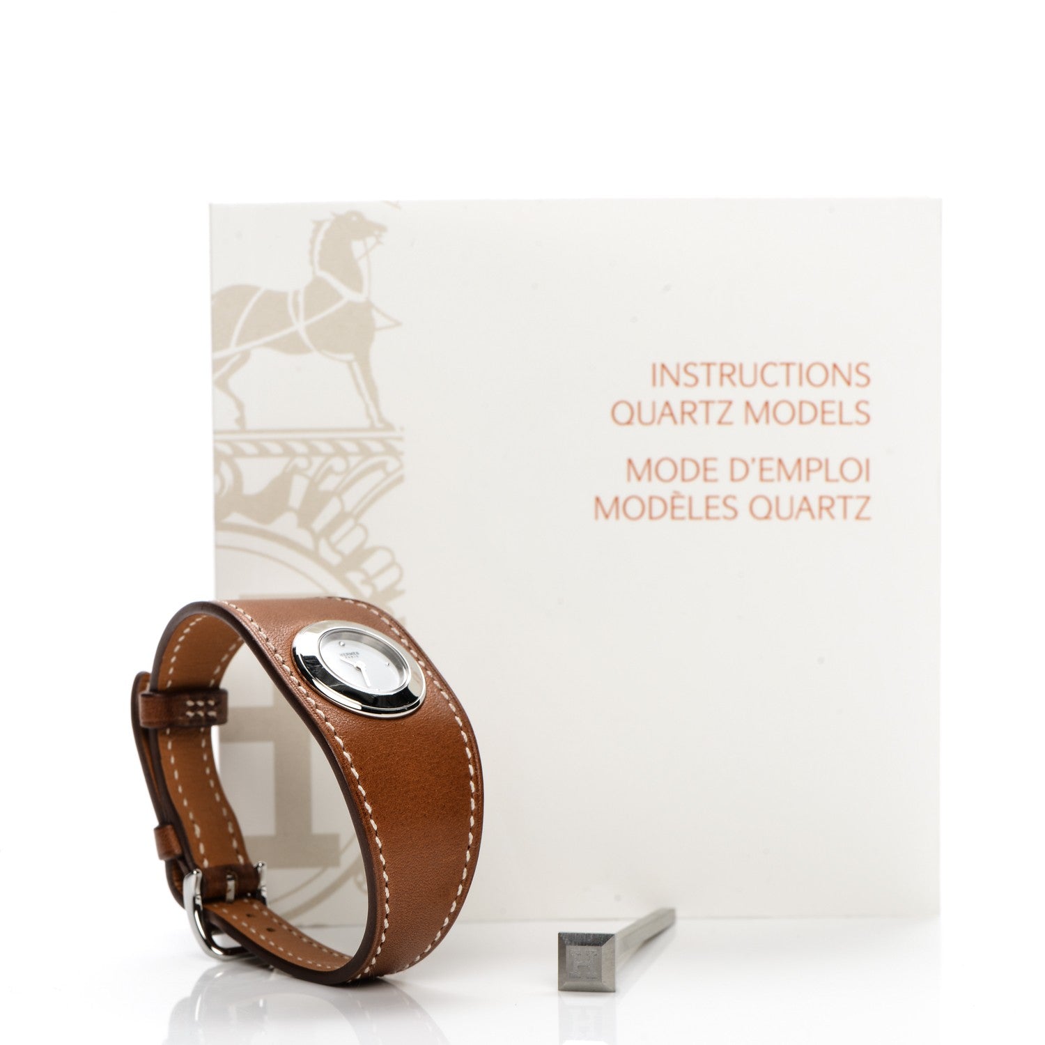Hermes Stainless Steel Barenia Diamond 26mm Faubourg Manchette Quartz Watch Fauve 11 of 12