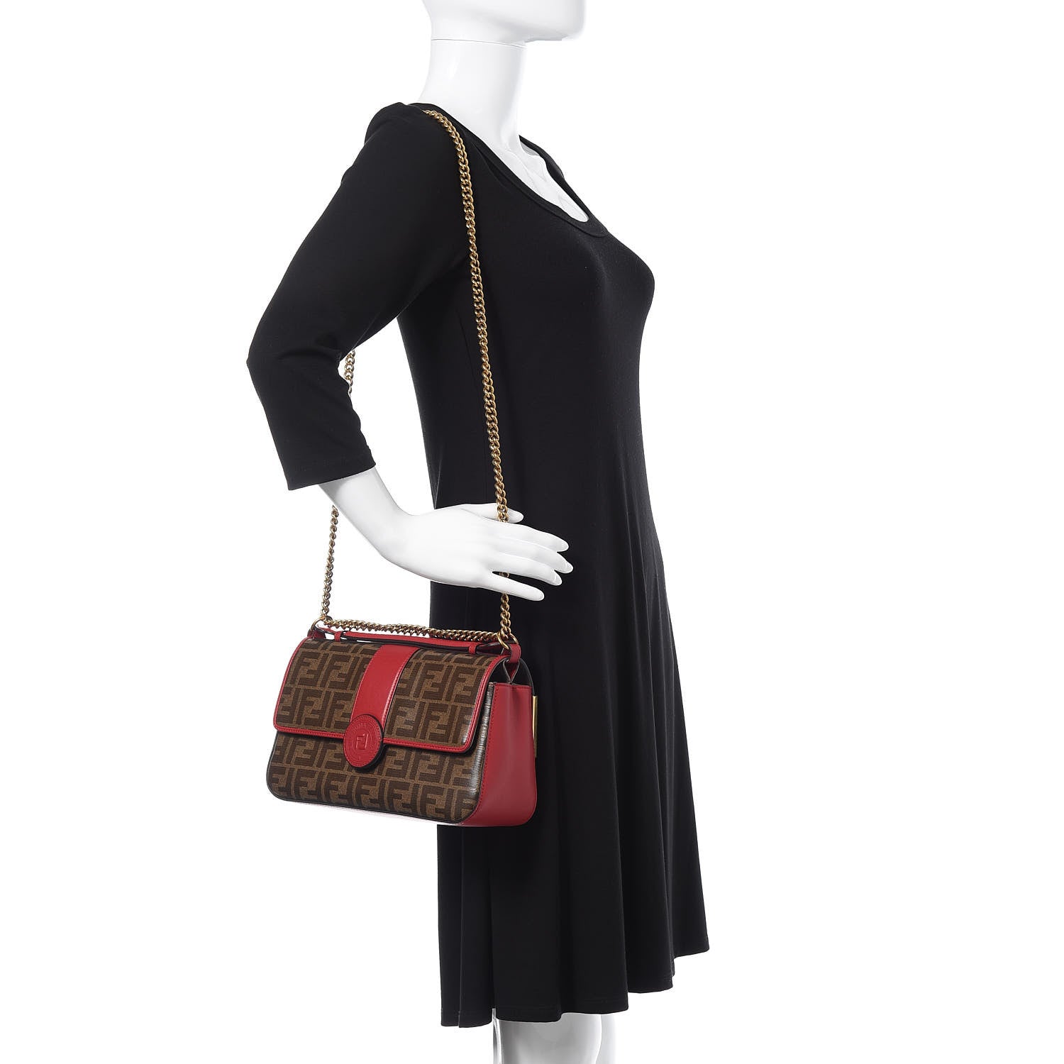 Fendi Vitello Grace Glazed Fabric FF 1974 Double F Shoulder Bag Fragola Mogano Panna 2 of 11