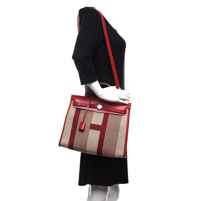 Hermes Vache Hunter Toile H Vibration Herbag Zip 31 PM Bordeaux Ficelle Rouge Piment 2 of 14