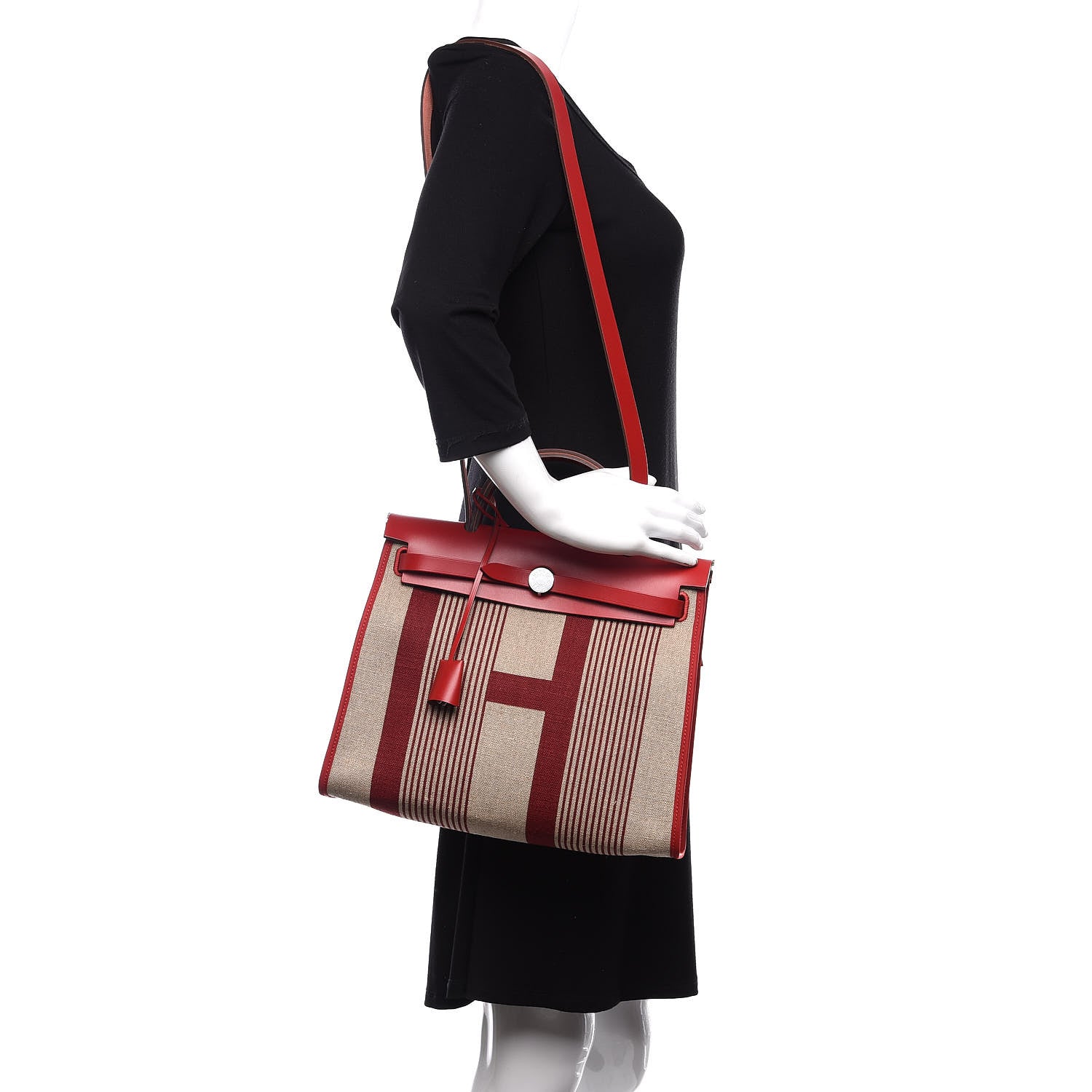 Hermes Vache Hunter Toile H Vibration Herbag Zip 31 PM Bordeaux Ficelle Rouge Piment 2 of 14