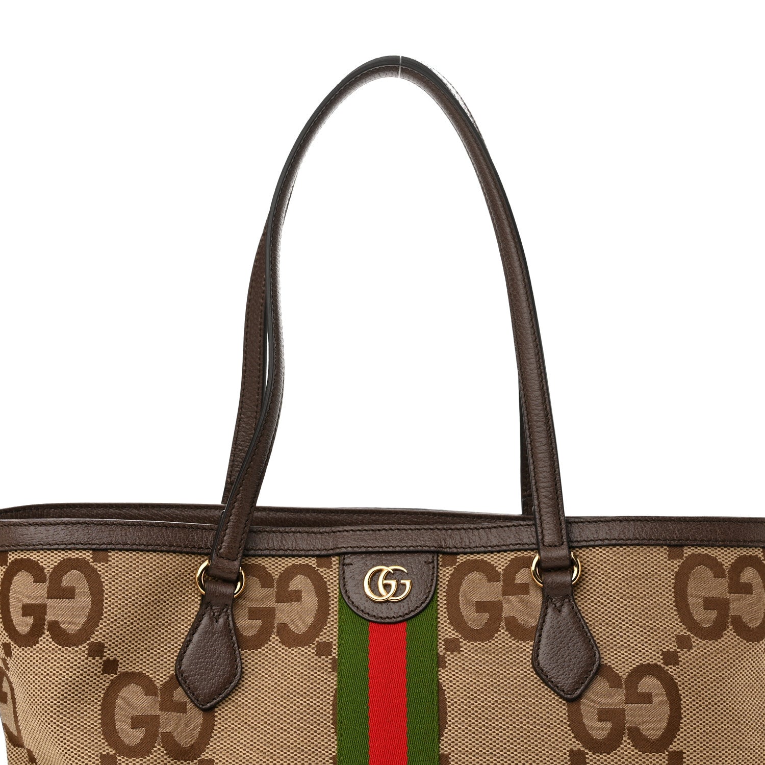 Gucci Monogram Jumbo GG Textured Dollar Calfskin Web Medium Ophidia Shopping Tote Camel Ebony 8 of 11