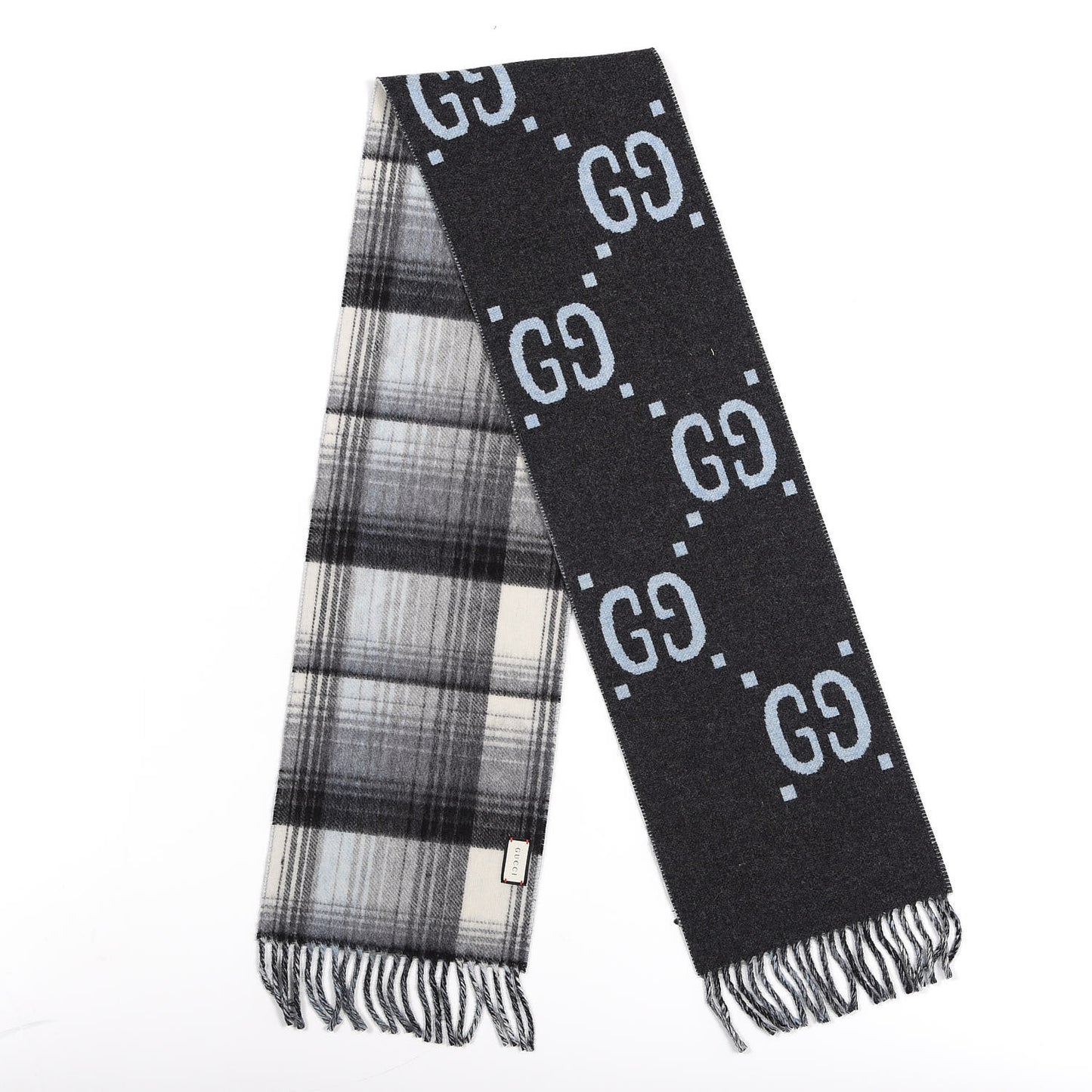 Wool GG Monogram Plaid Tartan Free Scarf Grey