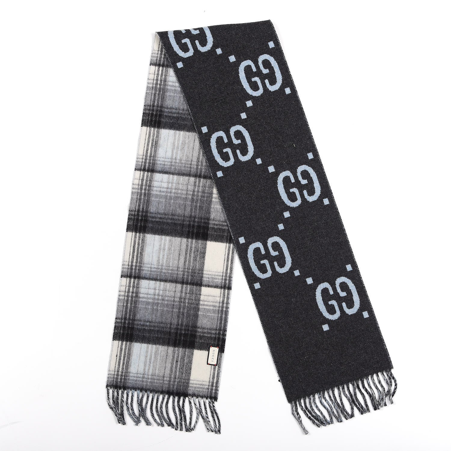 Gucci Wool GG Monogram Plaid Tartan Free Scarf Grey 2 of 4
